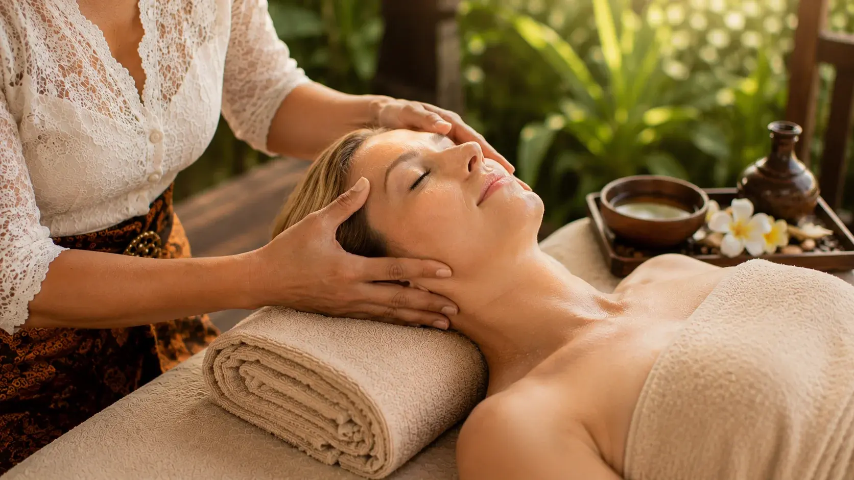 a guest enjoy home service treatment in their villan in bali , with their therapist's hands gently massaging along the jawline and temple area