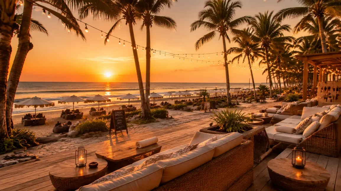 A sunset view in the late afternoon, featuring the seating area of a beach club and a relaxing sunset atmosphere in Seminyak, Bali.