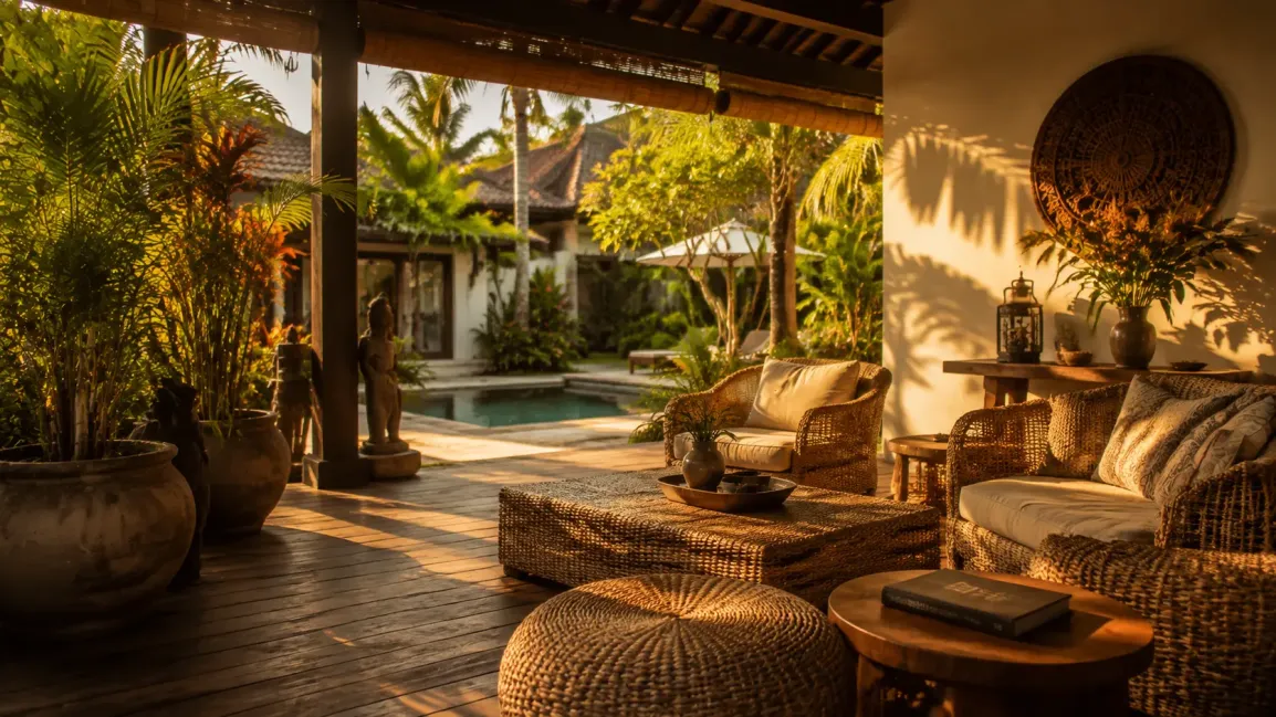 The golden afternoon atmosphere on the villa terrace, featuring a view of the pool and a beautiful garden bathed in the glow of the late afternoon sun at a villa in Seminyak, Bali.