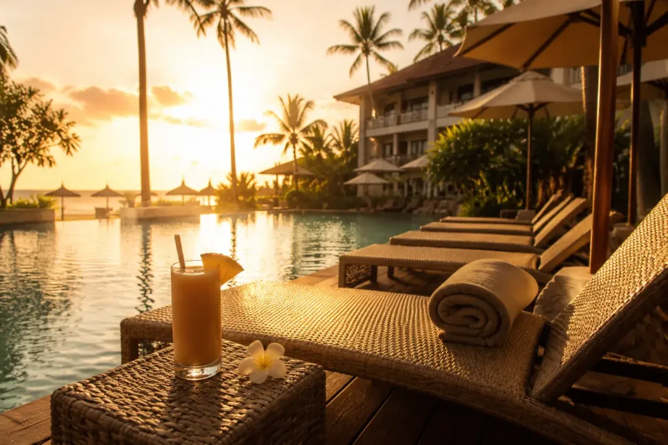 A relaxed hotel poolside scene in Kuta at golden hour, rattan loungers, a cocktail less drink with fruit garnish on a side table