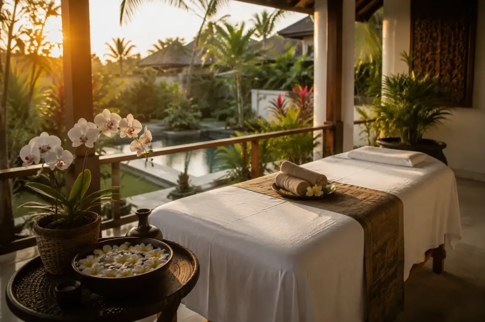 A massage table set up on the balcony in front of the villa room, offering a view of the swimming pool and a wonderfully soothing garden at a villa in Seminyak, Bali.