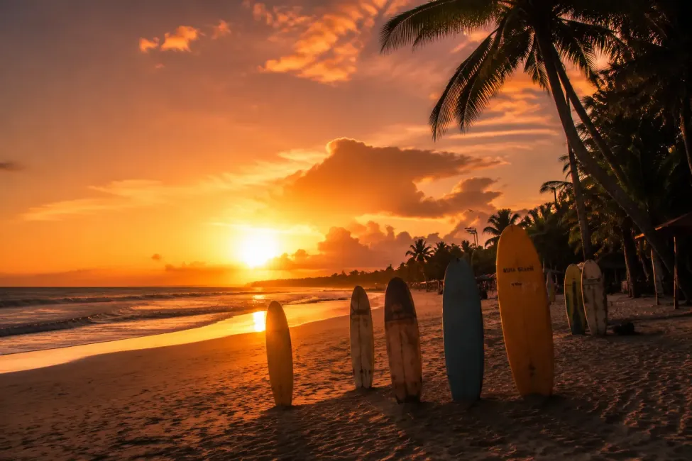 the classic Kuta surf-town atmosphere,A wide shot of Kuta Beach at sunset, surfboards planted upright in the sand, gentle waves, warm orange sky, silhouetted palm trees