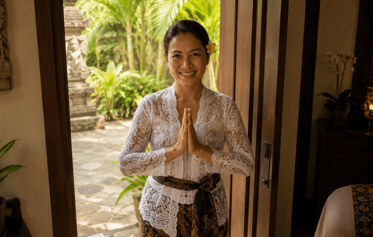 putu bali therapist pose with greating hand om swastiastu 
